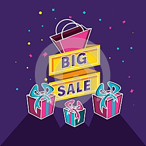 Big sale label with gifts and bag shopping