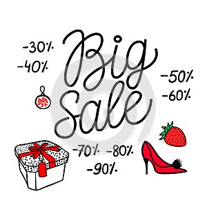 Big Sale line lettering. Fashion Style. Vector sketch illustration gift box and women shoe.