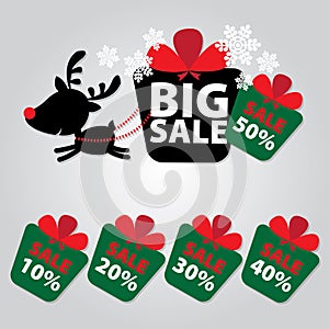 Big Sale New Year and Christmas Reindeer Sticker tags with Sale 10 - 50 percent text on Colorful Gift Box Sticker tags