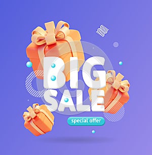 Big Sale Poster Banner Card with Realistic Detailed 3d Present Box and Abstract Memphis Style Elements. Vector