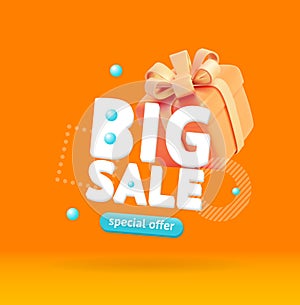 Big Sale Poster Banner Card with Realistic Detailed 3d Present Box and Abstract Memphis Style Elements. Vector