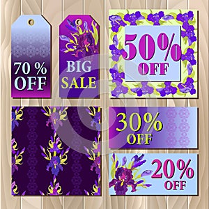 Big sale printable card template with purple iris flower design.