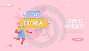 Big Sale Promo Campaign, Internet Purchase, Shopping Website Landing Page. Woman near Huge Buy Now Button