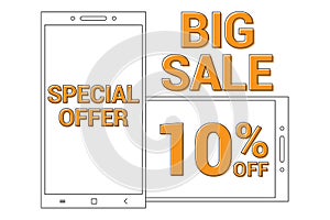 Big sale Promotional banner background with line art smart phone for Special sales offer 10% off