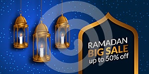 Big sale Ramadan holy fasting month for muslim with illustration of golden hanging lantern photo