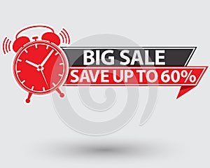 Big sale red label, big sale alarm clock , vector illustration