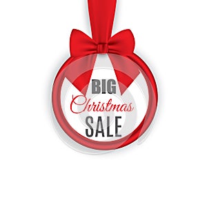 Big sale, round banner with red ribbon and bow, isolated on white background. Vector illustration.