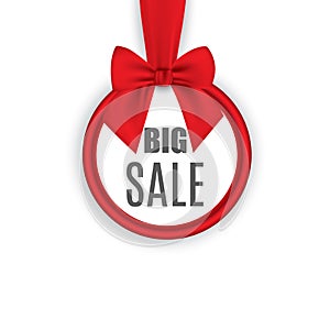 Big sale, round banner with red ribbon and bow, isolated on white background. Vector illustration.