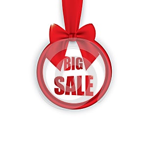 Big sale, round banner with red ribbon and bow, isolated on white background. Vector illustration.