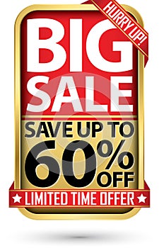 Big sale save up to 60% off golden label with red ribbon,vector illustration