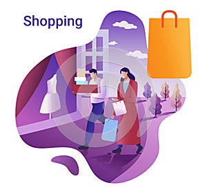 Big sale and Shopping concept. The Flat vector illustration for a banner. The man and woman go shopping in a city street