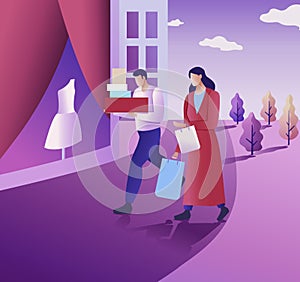 Big sale and Shopping concept. The Flat vector illustration. The man and woman go shopping in a city street.