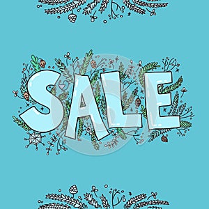 Big sale sketch. Hand drawn vector illustration with twigs, pine