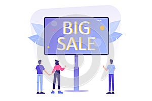 Big sale and special offer concept. People looking at big sale banner or billboard. Business promotion. Isolated modern flat