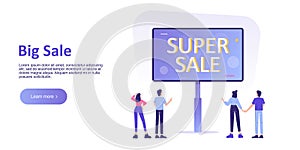 Big sale and special offer concept for web banner and website. People looking at big sale banner or billboard. Business promotion