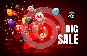 Big sale. Special offer sale discount symbol with open gift and flow labels. Easy to use for your design