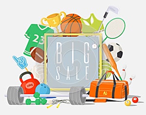 Big sale on sport goods, fitness equipment and gaming items poster
