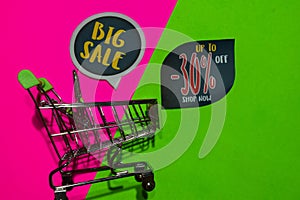 Big Sale and Up To -30% Off Shop Now Text and Shopping cart