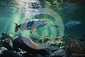 Big salmon swimming in the sea. 3D render. Underwater scene, spawning salmon in a beautiful river, AI Generated photo