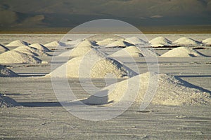 Big salt piles on Salar Uyuni salt lake