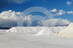 Big salt piles on Salar Uyuni salt lake