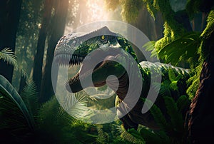 Big scary dinosaur in jungle, tyrannosaurus rex. Generative AI