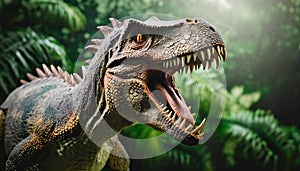 Big scary Dinosaur roaring in jungles, prehistoric plains. Ancient reptile with sharp teeth