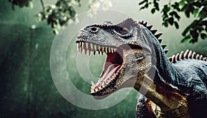 Big scary Dinosaur roaring in jungles, prehistoric plains. Ancient reptile with sharp teeth