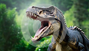 Big scary Dinosaur roaring in jungles, prehistoric plains. Ancient reptile with sharp teeth