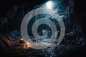 big scary monster spiders in spider web in cave at night. Arachnophobia and nightmares. Generative AI illustration