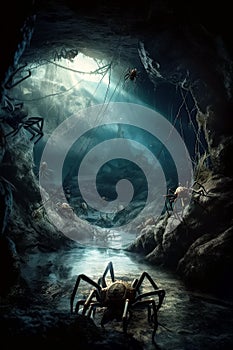 big scary monster spiders in spider web in cave at night. Arachnophobia and nightmares. Generative AI illustration