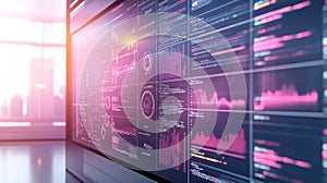 Big screen showing futuristic user interface with charts and code in modern office