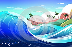 big sea or ocean wave with tropical island on background summer vacation concept