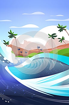 big sea or ocean wave with tropical island on background summer vacation concept