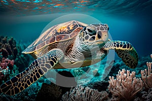 Big sea turtle gracefully swimming among vibrant coral reefs