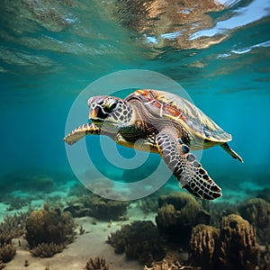 Big Sea Turtle Swimming with in ocean. Green Sea Turtle cruises in the warm waters