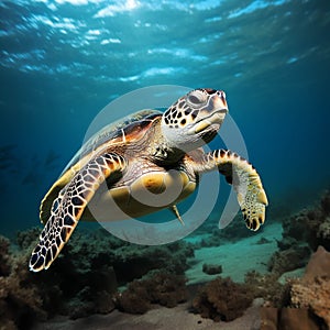 Big Sea Turtle Swimming with in ocean. Green Sea Turtle cruises in the warm waters