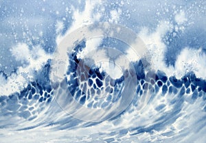 Big sea wave in the storm watercolor background