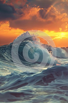Big Sea Wave, Surf Concept, Ocean Waves at Red Sunset, High Tide, Storm, Big Sunny Sea Wave