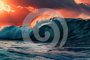 Big Sea Wave, Surf Concept, Ocean Waves at Red Sunset, High Tide, Storm, Big Sunny Sea Wave