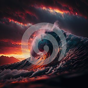 Big Sea Wave, Surf Concept, Ocean Waves at Sunset, Big Sunny Sea Wave Abstract Generative AI Illustration