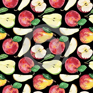 Big Seamless watercolor Pattern of apple and pear on a black background. Isolated hand draw illustration