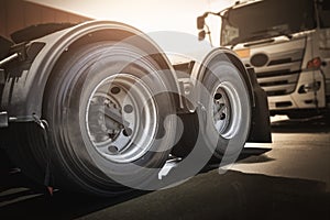 Big Semi Trailer Truck Wheels Tires. Rubber, Wheel Tyres. Freight Trucks Transport Logistics