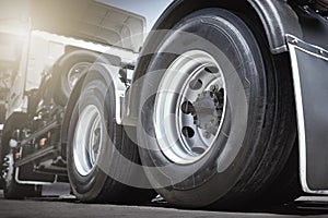 Big Semi Truck Wheels Tires. Rubber, Vechicle Tyres. Freight Trucks Transport Logistics.
