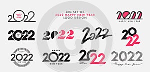 Big Set of 2022 Happy New Year logo text design. 2022 number design template. Collection of 2022 happy new year symbols