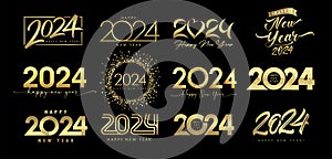 Big set of 2024 Happy New Year, golden logo text design