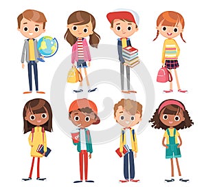 Big set of 8 eight happy teenager kids in different clothes