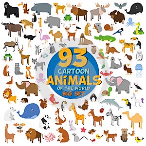 Big set of 93 cute cartoon animals of the world.