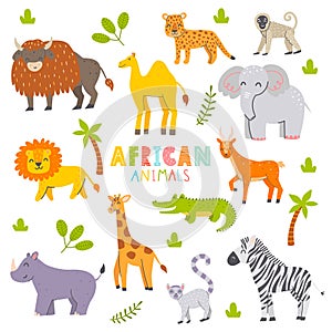 Big set of African animals. Cute characters for kids. Vector childish illustration