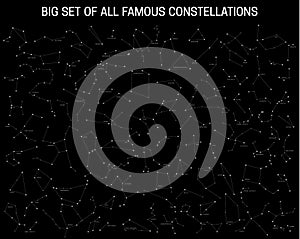 Big set of all famous constellations, modern astronomical signs of the zodiac.